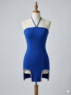 DIOSA Halter Bodycon Mini Dress in Royal Blue with Embellished Hem Size Small NW